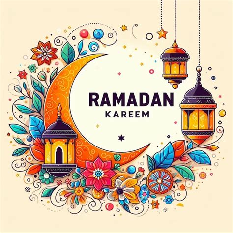 Ramadã brilhante kareem saudação lua crescente lanternas e bênçãos