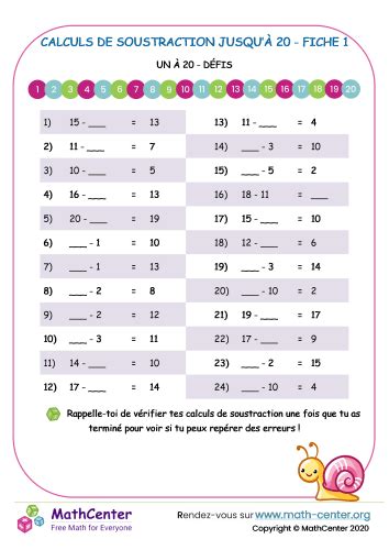 Calculs De Soustraction Manquants Fiche Fiches De Travail