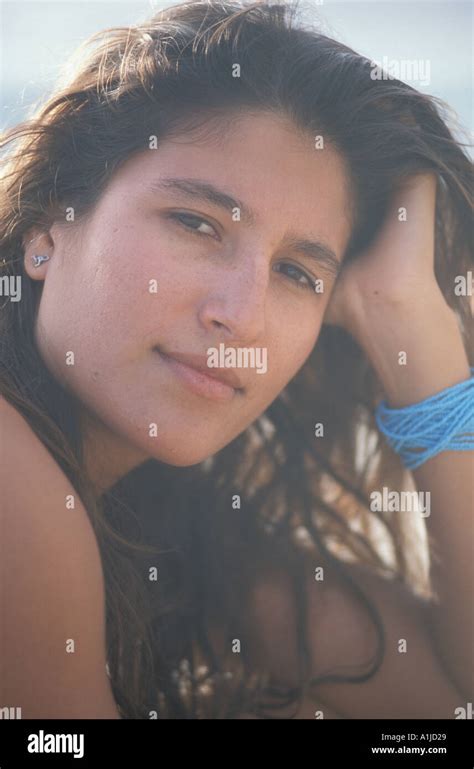 Latina Woman In Bikini On Beach Stock Photo Alamy