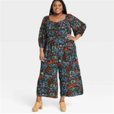 Knox Rose Black Floral Jumpsuit Women S Size X Wide Leg With Puff