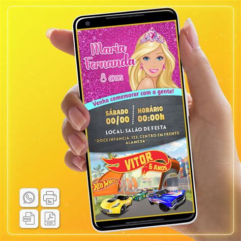 Convite Digital Tema Duplo Barbie E Hot Wheels Elo