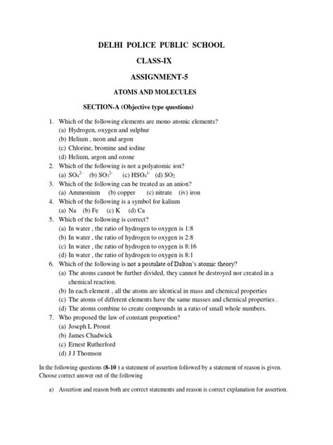 CLASS-9 ASSIGNMENT-5 Chemistry | PDF | Chemistry | Atoms