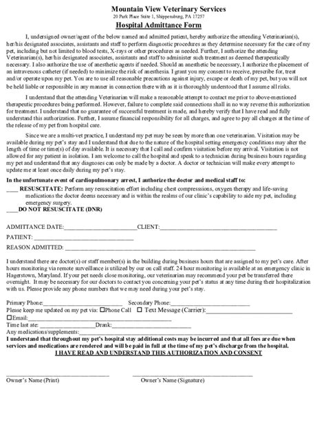 Fillable Online Hospital Admittance Form Fax Email Print Pdffiller