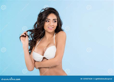 Cropped View Of Brunette Slim Girl Posing In White Bikini Stock Photo Image Of Slim Tanned