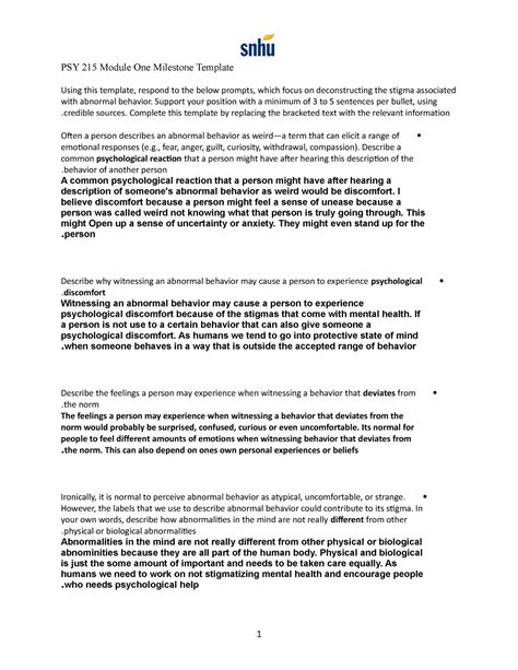 PSY 215 Module One Milestone Template PSY 215 Module One Milestone