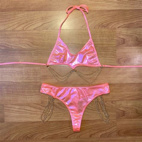 Handmade Intimates Sleepwear Neon Orange Holographic Chain Decor Rave Bikini Set Poshmark