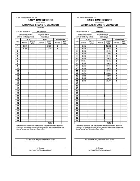 Dtr Daily Time Record Form 48 52 Off