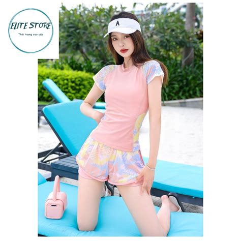 Sẵn Bộ đồ bơi nữ YLIKE Bikini áo tắm hai mảnh ngắn tay chất thun lạnh hàn quốc quần lớp che