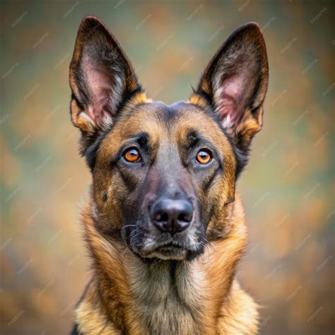 A Belgian Malinois and German Shepherd mix stands alert in a serene