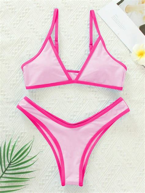 SHEIN Swim Summer Beach Binding Trim Bikini Set Triangle Bra High Cut Bottom 2 Pieces Bikini