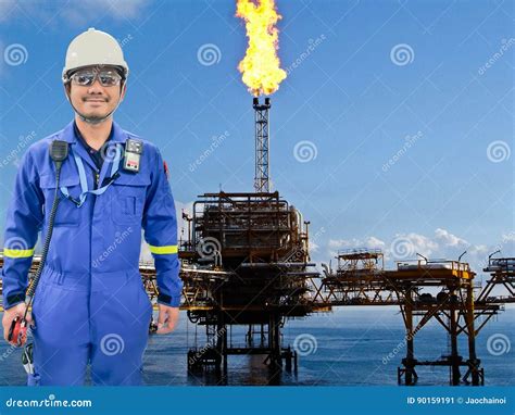 Working Engineer At Offshore Oil And Gas Refinery Stock Image Image