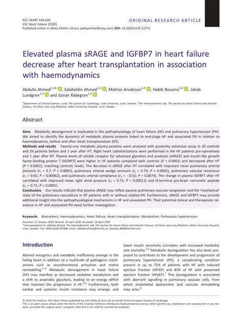 PDF Elevated Plasma SRAGE And IGFBP7 In Heart Failure Decrease After