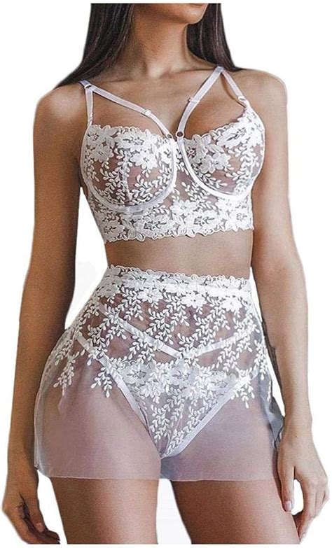 Lingerie 3Pc Blanc Sexy Dentelle Ensemble De Lingerie Femmes Broderie Dentelle Soutien Gorge À