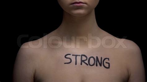 Confident Naked Woman With Word Strong Written On Chest High Self Esteem Brave Stock Image