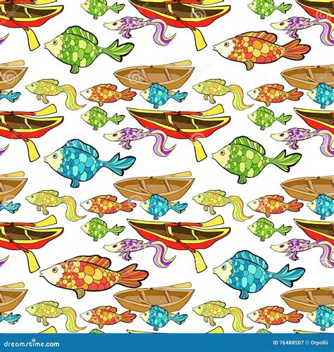 Seamless Pattern Boat Fish Fishing Vector Illustration Stock Vector