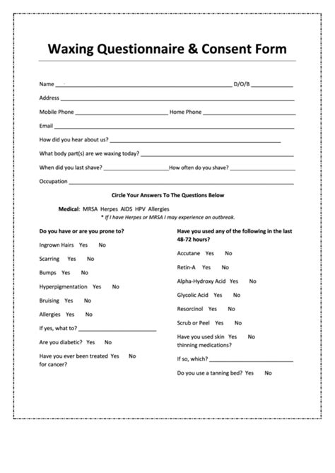 Waxing Questionnaire And Consent Form Printable Pdf Download