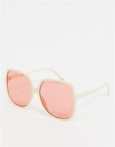 Asos Design 70s Oversized Square Sunglasses In Cream With Orange Lens