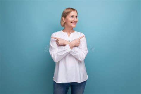 Healthy Slim Blond Mature Woman In Menopause Age In Studio Background Stock Photo Image Of