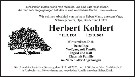 Traueranzeigen Von Herbert Kohlert Trauer Flz De