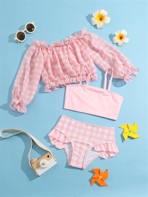 Conjunto de bikini con volantes y cubierta a cuadros para niña para el
