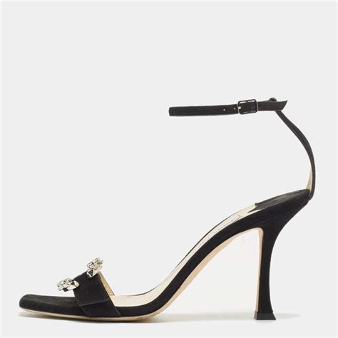 Jimmy Choo Black Suede Crystal Embellished Ankle Strap Sandals Size 40