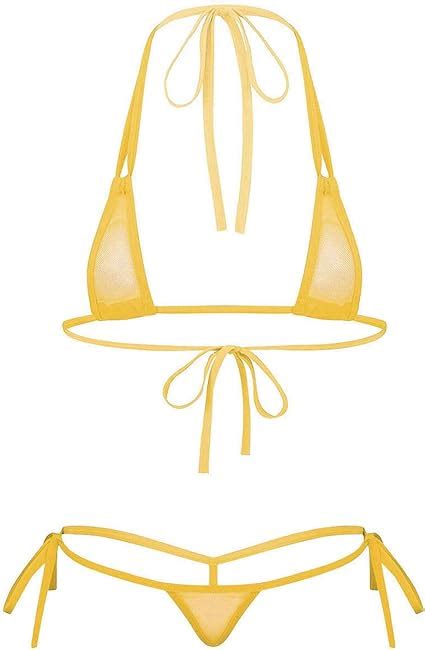 DPois Damen Zweiteiler Micro Bikini Dessous Sexy Durchsichtig Strappy Lingerie Neckholder Top