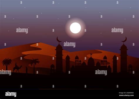 Night Arabic Desert Camel Caravan Muslim Islamic Culture Illustration