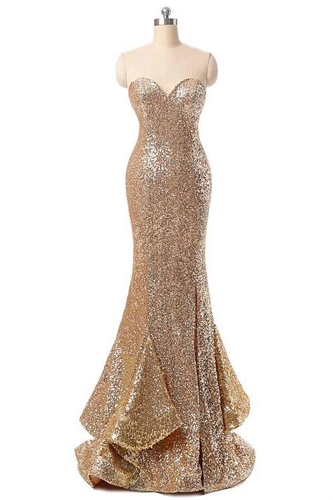 Gold Sequins Long Evening Dress 2017 Sweetheart Sparkly Elegant Mermaid Formal Dresses Evening