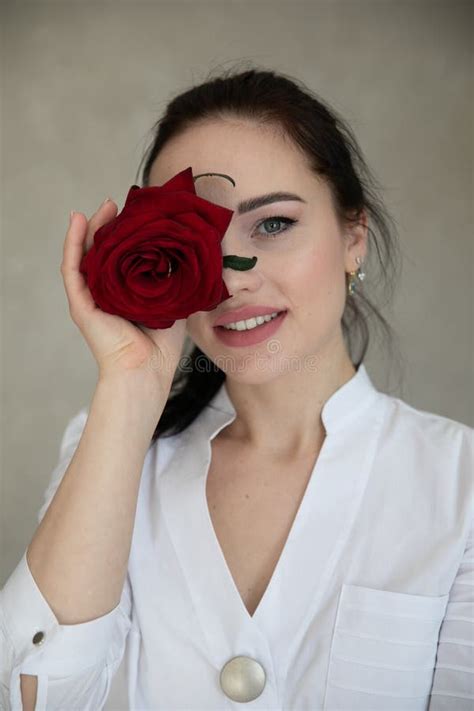 Beautiful Brunette Woman With Red Rose Near Her Face Stock Image Image Of Beautiful Cosmetic
