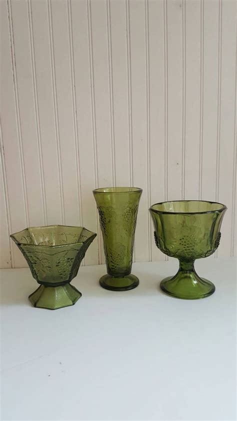 Vintage Green Vases Retro Green Glass Vase Set Of 3 Raised Etsy