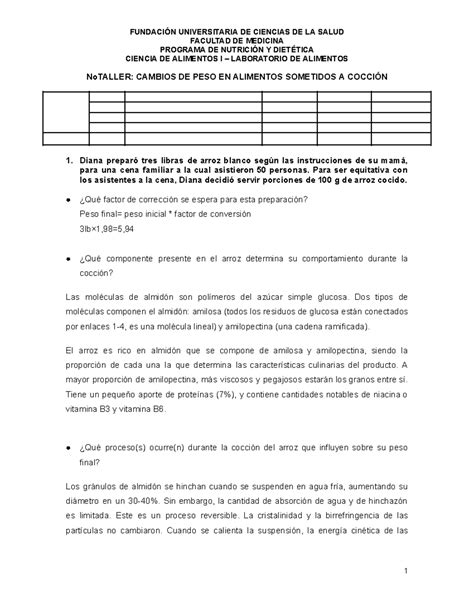 Taller de Cambios de Peso en Alimentos: Ciencia de Alimentos I
