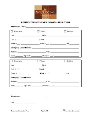 Fillable Online Resident Homeowner Information Form West Ocean Fax