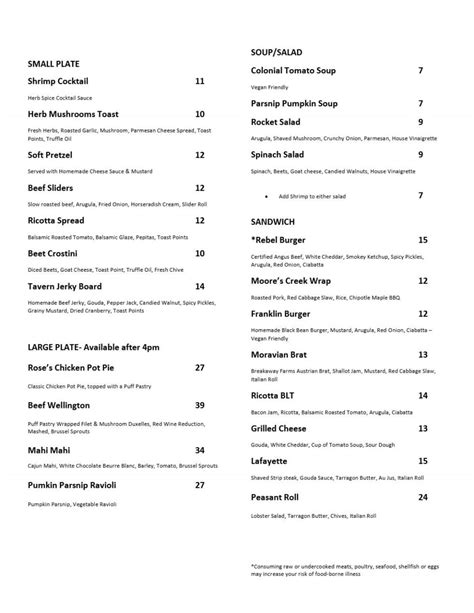 Tavern Menu The Sun Inn