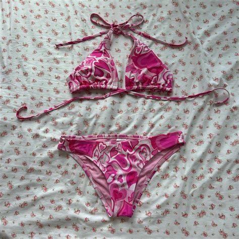 Pink And White Heart Bikini Set With Cheeky Bottoms Depop