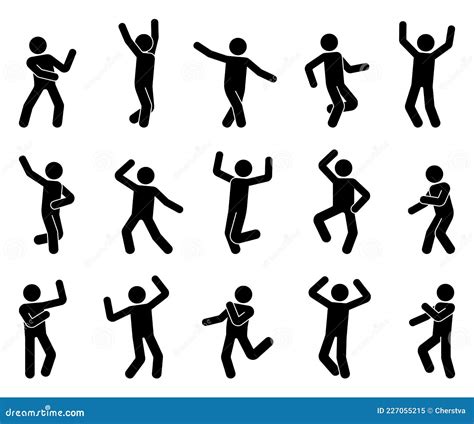 Happy Stick Figure Man Dancing Hands Up Different Poses Vector Icon Set