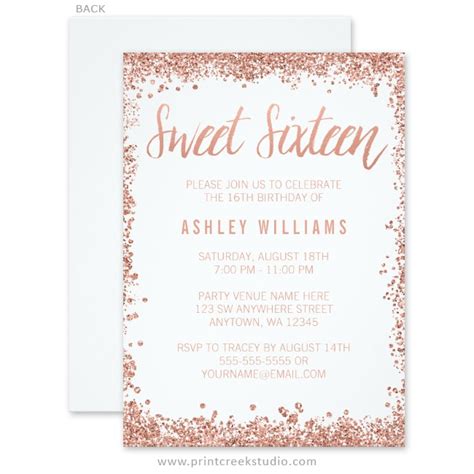 Rose Gold Faux Glitter Sweet 16 Invitations - Print Creek Studio Inc