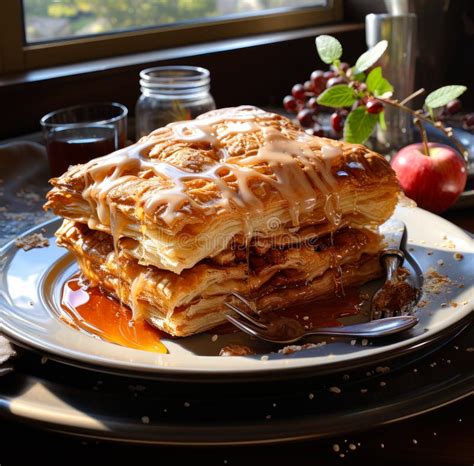 Una Deliciosa Pila De Crepes Aderezados Con Jarabe En Un Plato Una