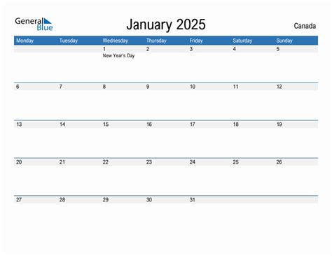 January 2025 - Canada Monthly Calendar with Holidays