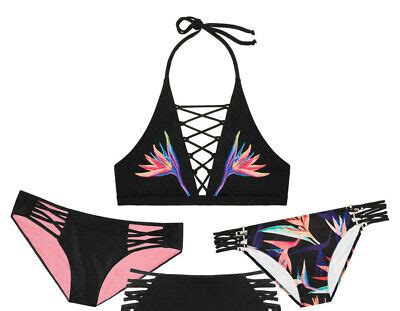 Victoria S Secret Swim Set PINK Embroidered Strappy High Neck High Waist Bikini EBay