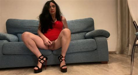 Daniela Monroe Spanish Tv Sexy Red Dress And Colorful Platform Heels Couch Masturbation Cum Anal