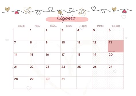 Calendario Mensal Coracao Agosto Fazendo A Nossa Festa