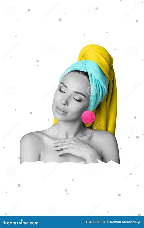 Photo Poster D Image Collage Banner Of Dreamy Girl Naked Shoulders Wear Towel Haircare Beauty