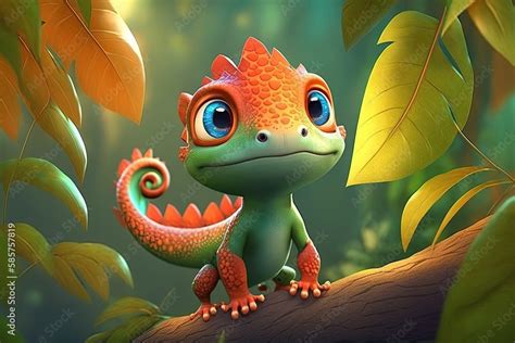 Cute Cartoon Lizard Character In The Woods Generative Ai Stock