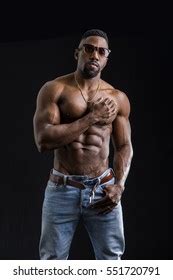 African American Bodybuilder Man Naked Muscular Stock Photo