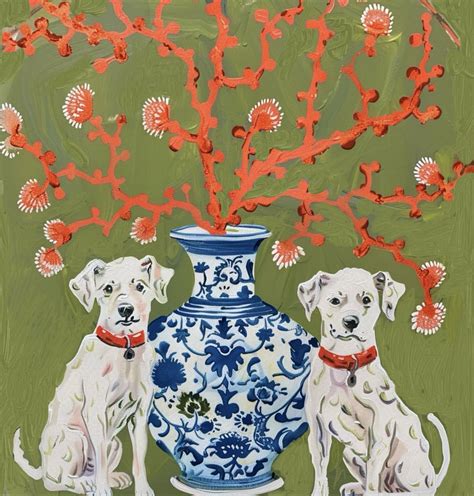 Grandmillennial Art, Chinoiserie Dogs and Coral Branch on Khaki Art