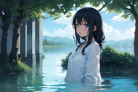 Une jeune fille prêtresse du lac anime manga hentai robe liquide Image Premium générée à base dIA