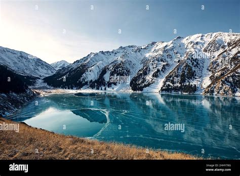 Frozen Big Almaty Lake in winter. Kazakhstan Stock Photo - Alamy