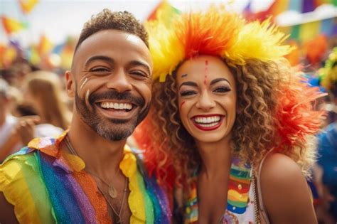 Una Pareja Feliz Y Sonriente Celebra El Desfile Del Orgullo Gay Lgbtq En Sao Paulo El Mes Del