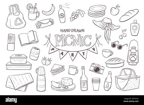 Picnic Doodle Set Hand Drawn Picnic Elements Isolated On White