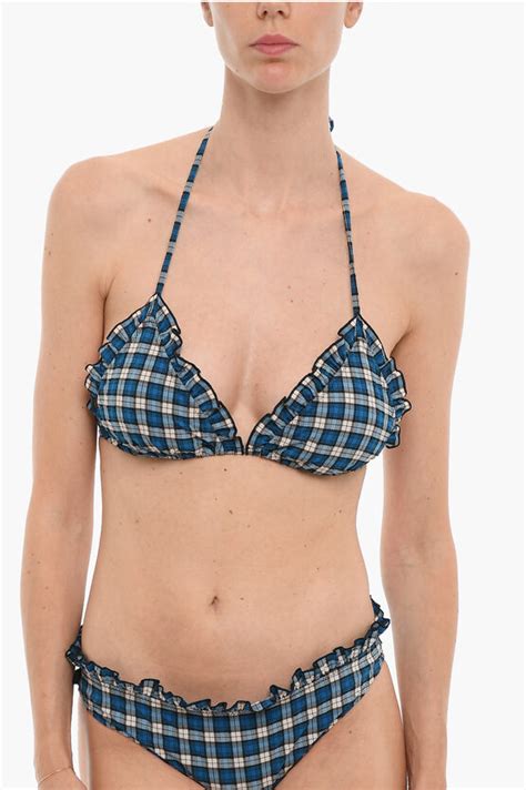 Ganni Checked Triangle Top Bikini With Ruffle Women Glamood Outlet
